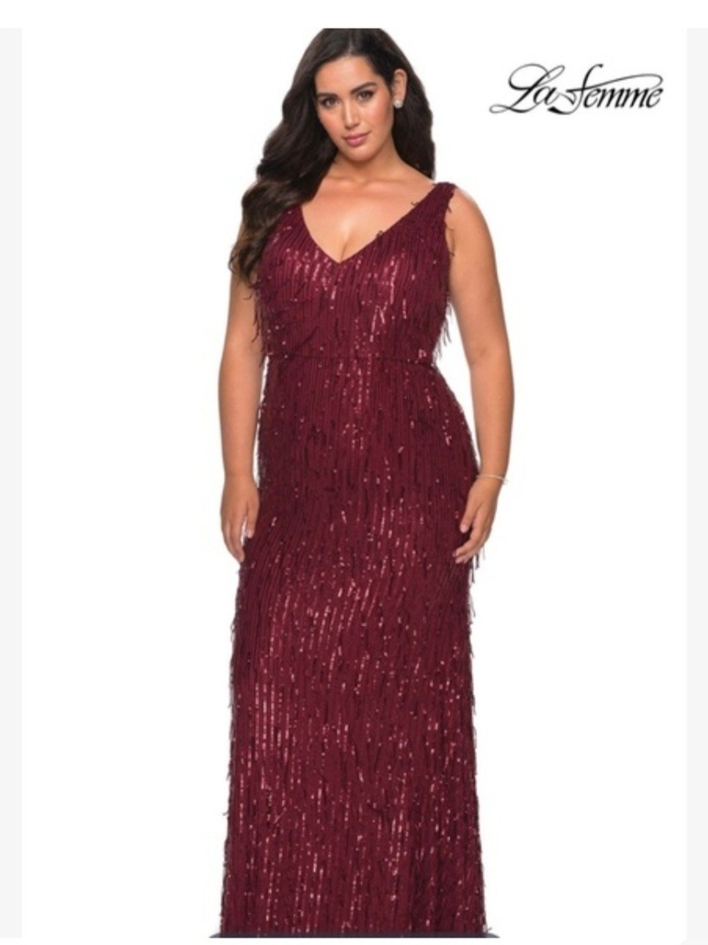 La Femme Plus Burgundy Sequin Fringe Evening Gown